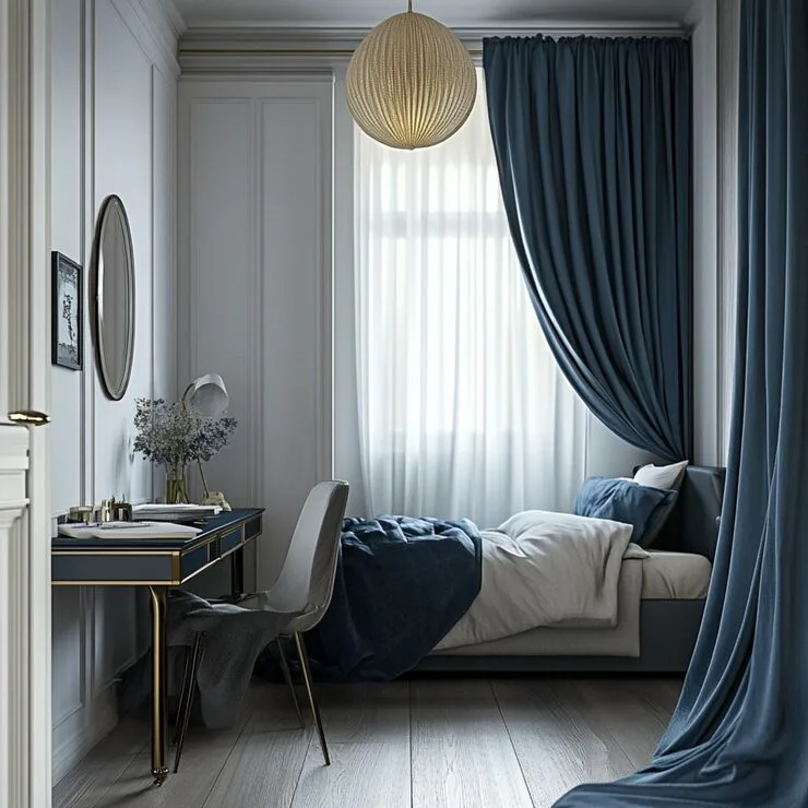 bedroom with couch table blackout curtain