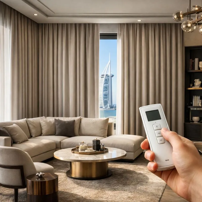 beige electric curtain in apartment living room