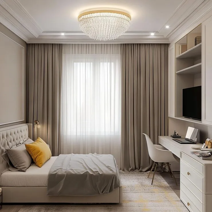 loft style bedroom design with blackout and sheer curtain