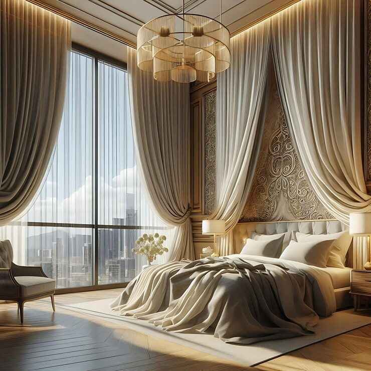 luxurious bedroom curtain with chic bed
