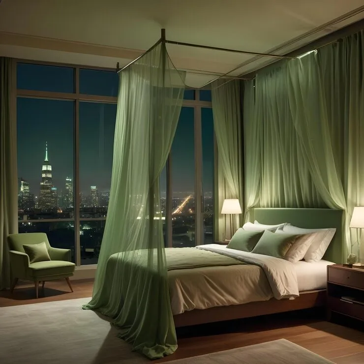 luxurious furnished apartment with green sheer curtain