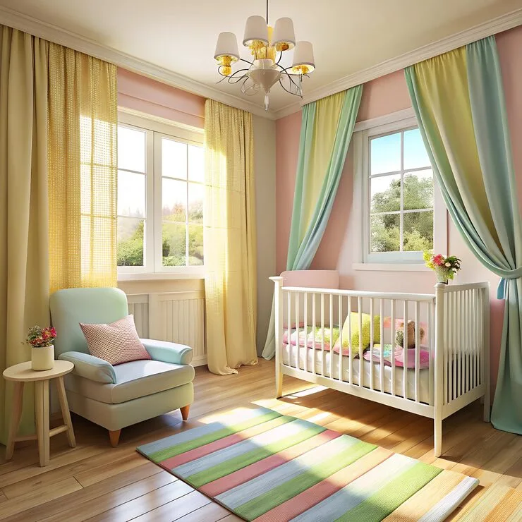 kids room with pastel curtains soft sunny atmosphere