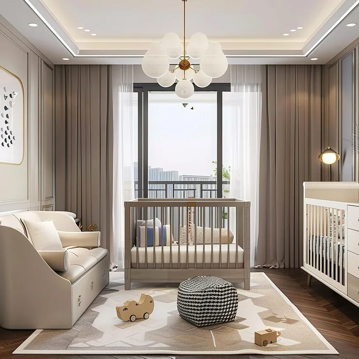 large room-with baby-nursery window with-drapes