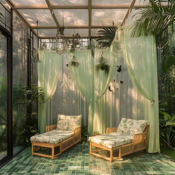 outdoor with green-white curtains
