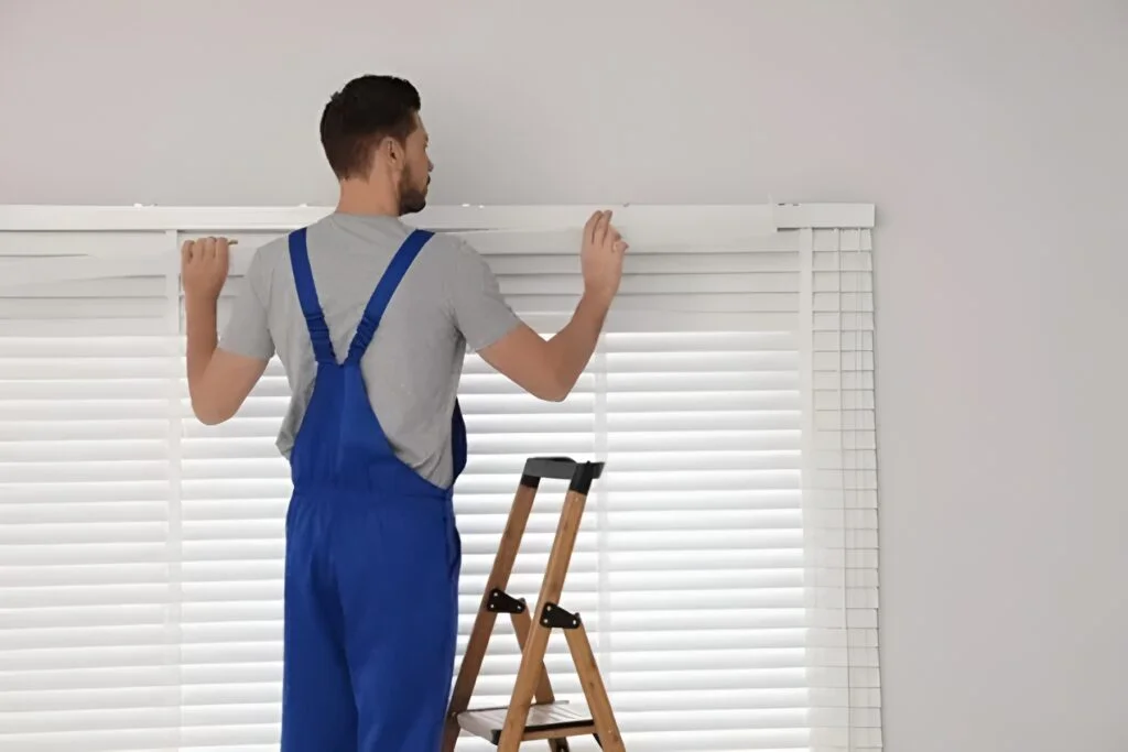 professional worker installing horizontal window blinds