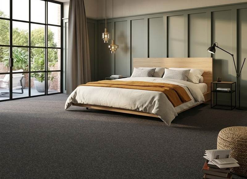 modern bedroom with gray plush carpet flooring