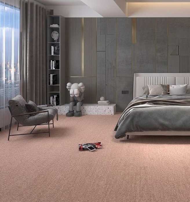 modern bedroom interior showcasing a pink textured carpet