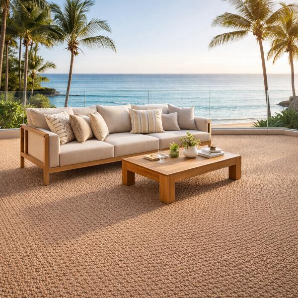 teak wood outdoor sofa with Baya Noumea Floor Rug