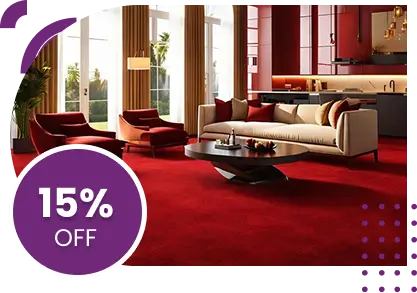 iving room interior furnished with premium red carpeting