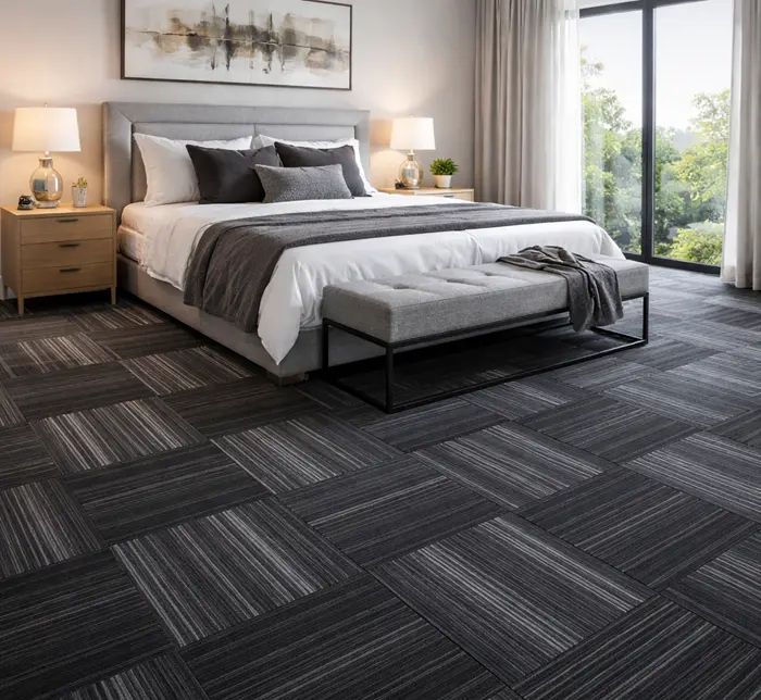 stripe-patterned grey carpet tiles