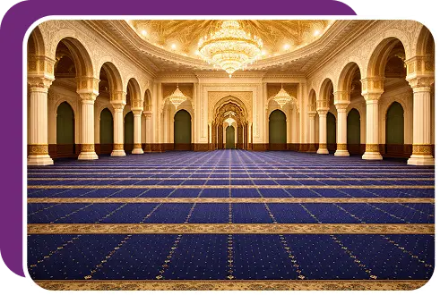 mosque with a large blue carpet featuring designated prayer lines