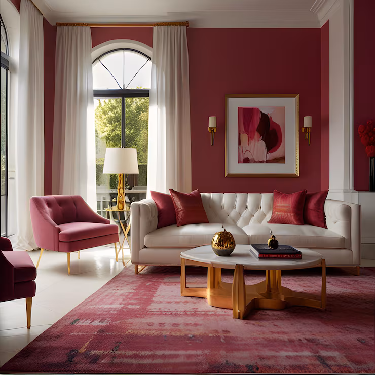 living room interior design with magenta area rug