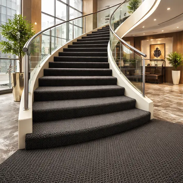 dark gray, loop-pile stair carpet