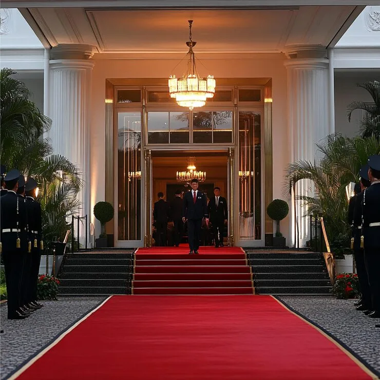 official walking down a red carpeted entrance