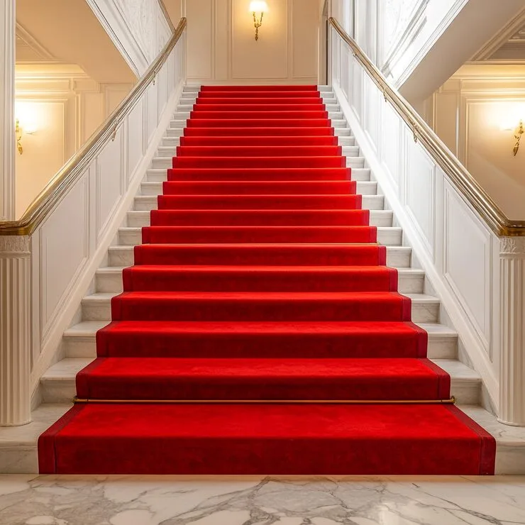 Staircase covered with a vibrant red carpet runner