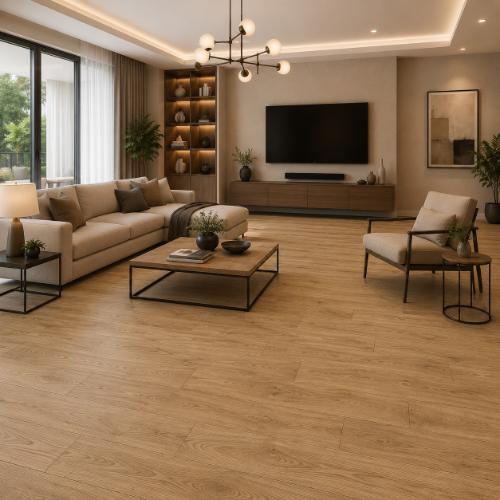 vinyl flooring in living room with custom sofa design