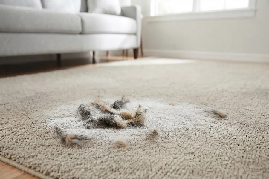 Baking soda spread on carpet with pet hair