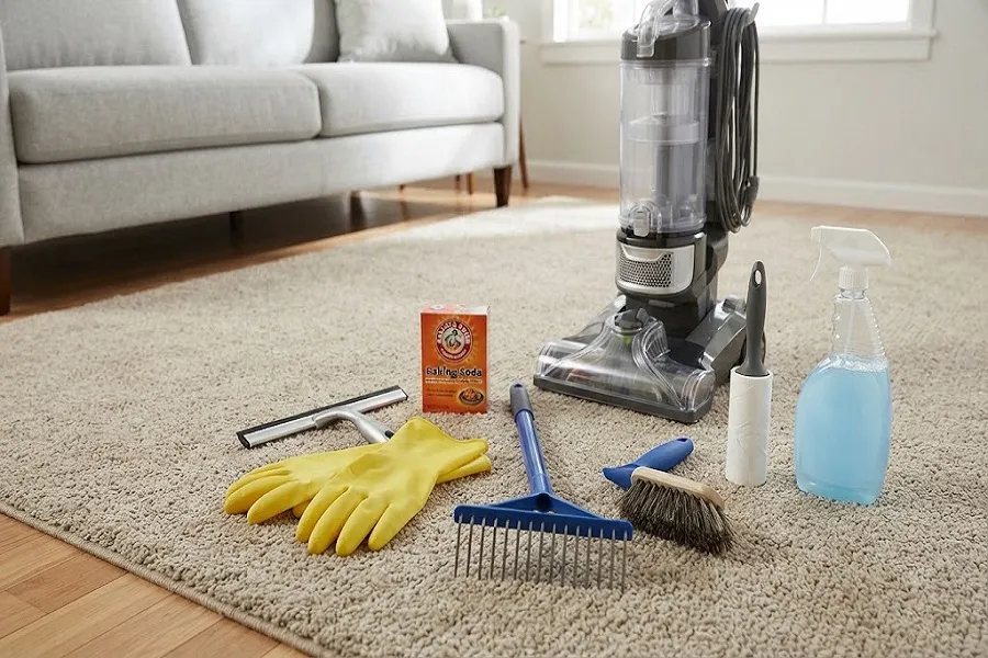 Pet hair removal supplies on carpet