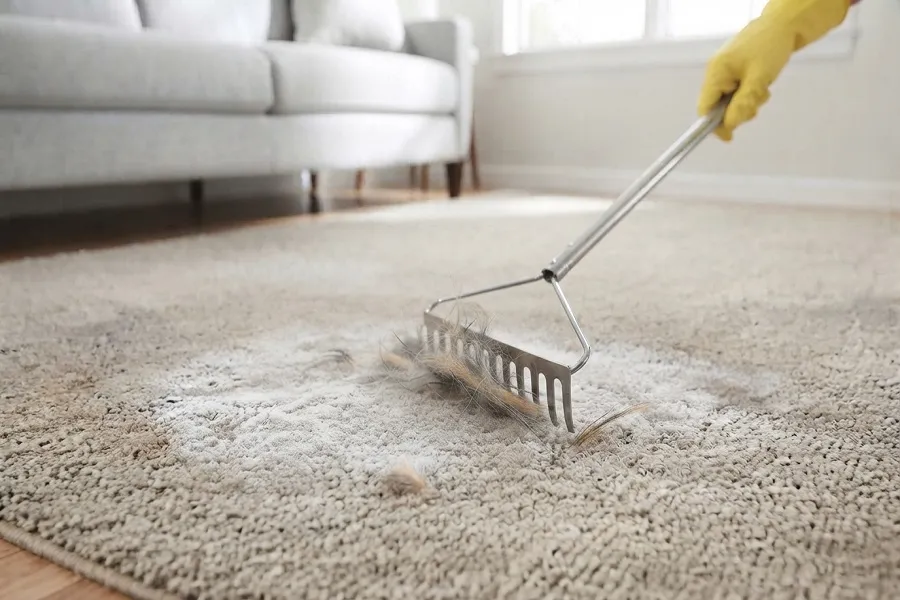 Raking carpet to remove pet hair