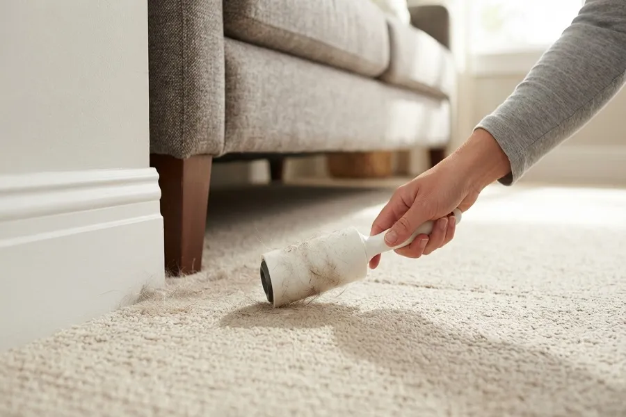 Spot cleaning leftover pet hair from carpet with a lint roller