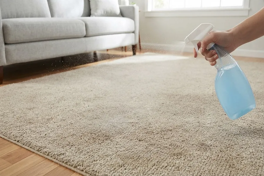 Spraying fabric softener mix on carpet with pet hair