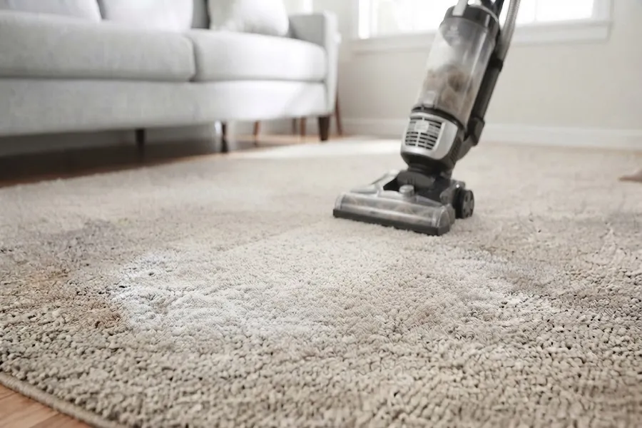 Vacuuming carpet to remove pet hair